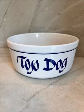 Vintage Clay Design TOP DOG ceramic dog bowl white blue pet food dish